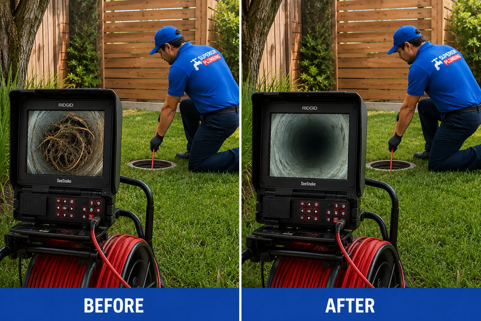 Before and after drain cleaning showing sewer line restoration by Superior Plumbing.