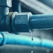 Plumbing Pipes Leaking Water Water droplets leak from a pressurized joint on residential plumbing pipes, illustrating potential damage caused by sudden water hammer.