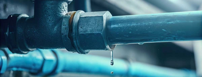 Water droplets leak from a pressurized joint on residential plumbing pipes, illustrating potential damage caused by sudden water hammer.