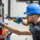 A technician wearing a blue hardhat uses an adjustable wrench to inspect complex residential plumbing valves and pipe fittings.